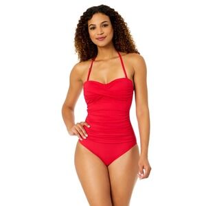 Anne Cole Ruby Red Twist Front Shirred One Piece Swimsuit 12 Retro Tummy Control